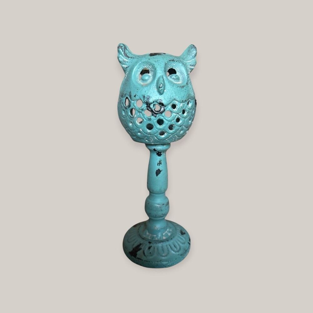 Cast Iron Owl On Stand Patio Tea Light Garden Teal 10”